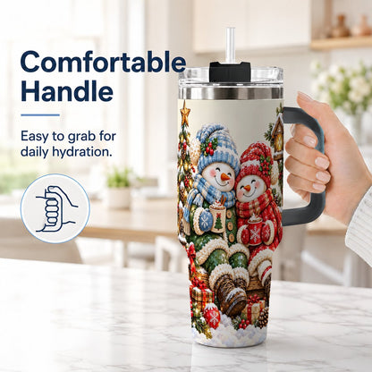 #pl[Black] Snowman Couple 40oz Tumbler with Handle, Cozy Christmas Scene