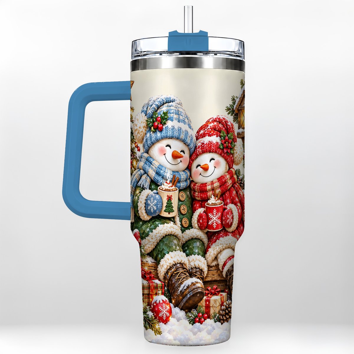#pl[Blue] Snowman Couple 40oz Tumbler with Handle, Cozy Christmas Scene
