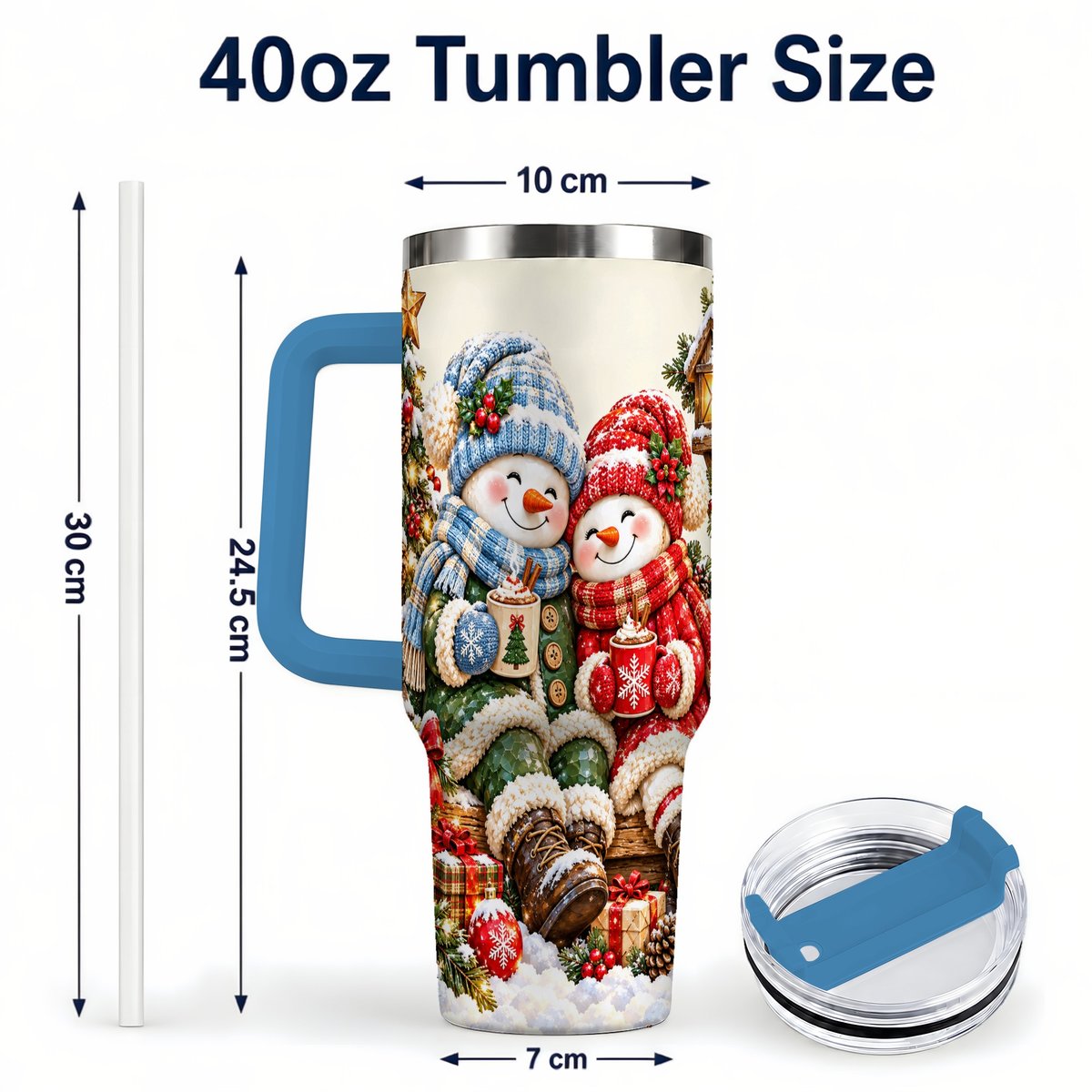 #pl[Blue] Snowman Couple 40oz Tumbler with Handle, Cozy Christmas Scene