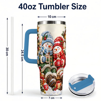 #pl[Blue] Snowman Couple 40oz Tumbler with Handle, Cozy Christmas Scene