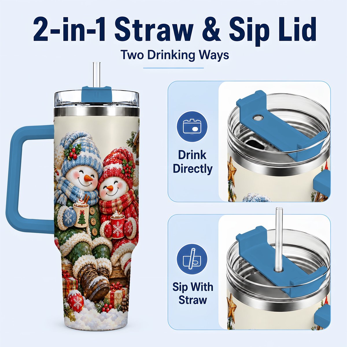 #pl[Blue] Snowman Couple 40oz Tumbler with Handle, Cozy Christmas Scene