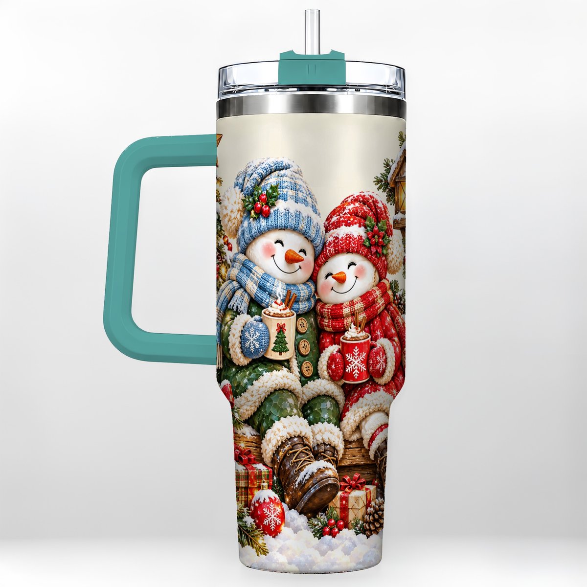 #pl[Green] Snowman Couple 40oz Tumbler with Handle, Cozy Christmas Scene