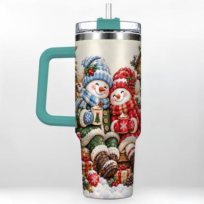 #pl[Green] Snowman Couple 40oz Tumbler with Handle, Cozy Christmas Scene