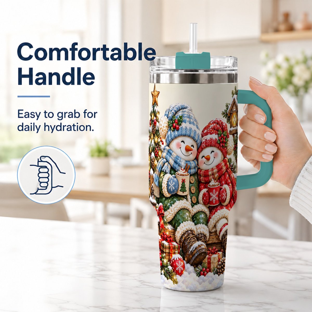 #pl[Green] Snowman Couple 40oz Tumbler with Handle, Cozy Christmas Scene