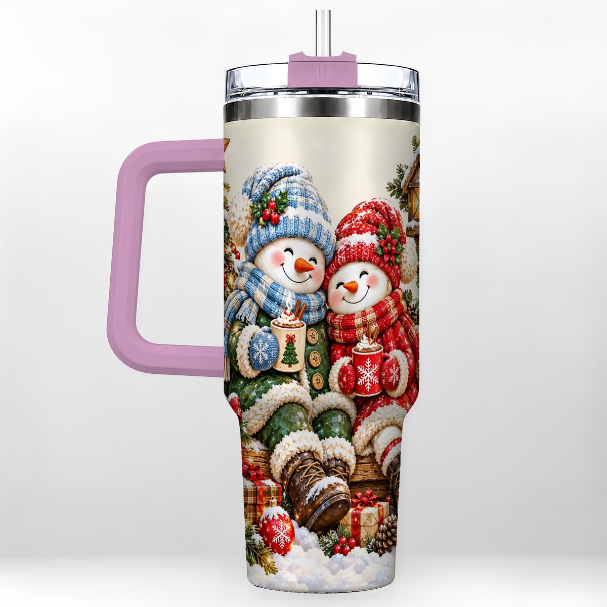 #pl[Pink] Snowman Couple 40oz Tumbler with Handle, Cozy Christmas Scene