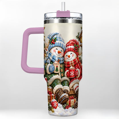 #pl[Pink] Snowman Couple 40oz Tumbler with Handle, Cozy Christmas Scene