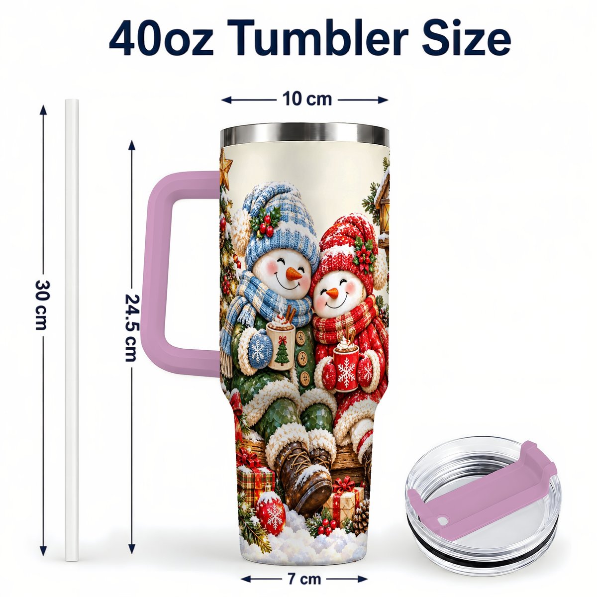 #pl[Pink] Snowman Couple 40oz Tumbler with Handle, Cozy Christmas Scene