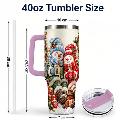 #pl[Pink] Snowman Couple 40oz Tumbler with Handle, Cozy Christmas Scene