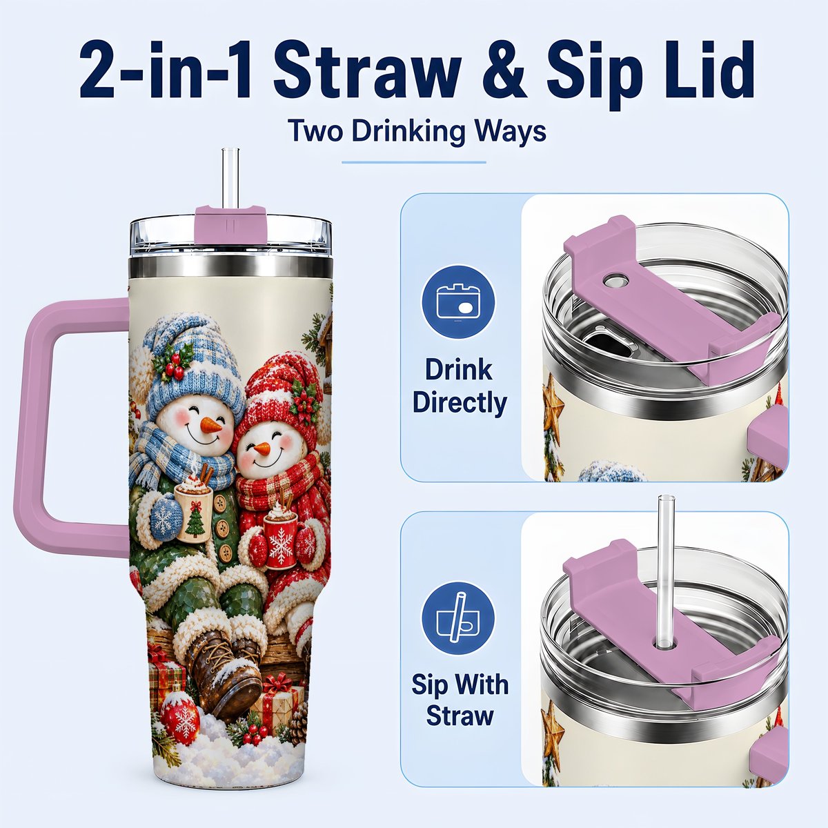 #pl[Pink] Snowman Couple 40oz Tumbler with Handle, Cozy Christmas Scene
