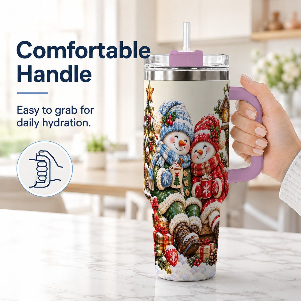 #pl[Pink] Snowman Couple 40oz Tumbler with Handle, Cozy Christmas Scene