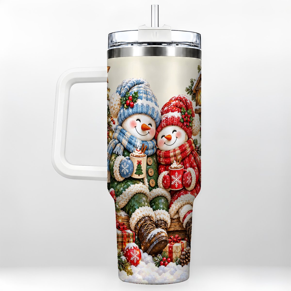 Snowman Couple 40oz Tumbler with Handle, Cozy Christmas Scene