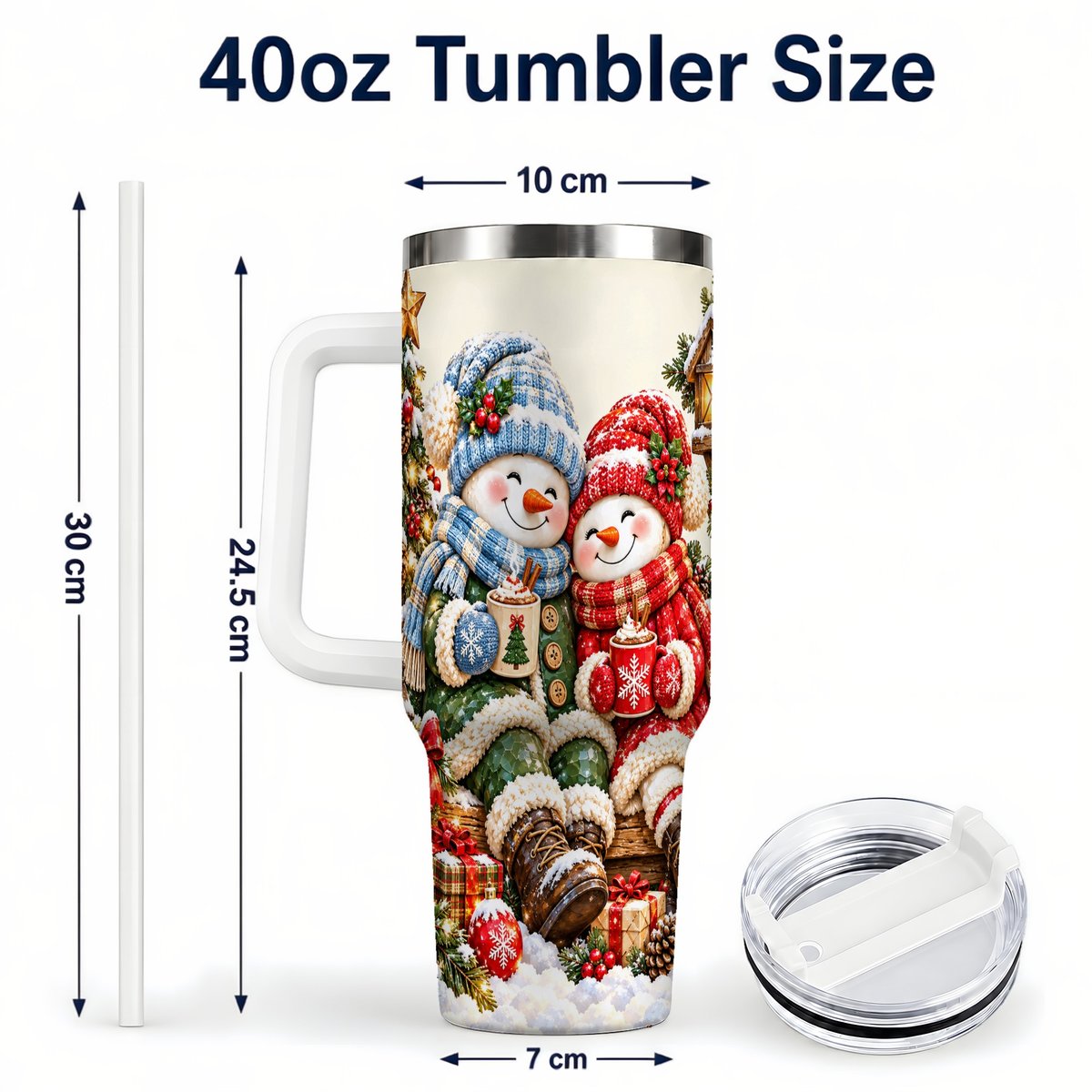 #pl[White] Snowman Couple 40oz Tumbler with Handle, Cozy Christmas Scene