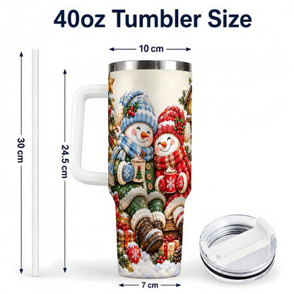 #pl[White] Snowman Couple 40oz Tumbler with Handle, Cozy Christmas Scene