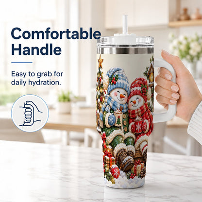 #pl[White] Snowman Couple 40oz Tumbler with Handle, Cozy Christmas Scene
