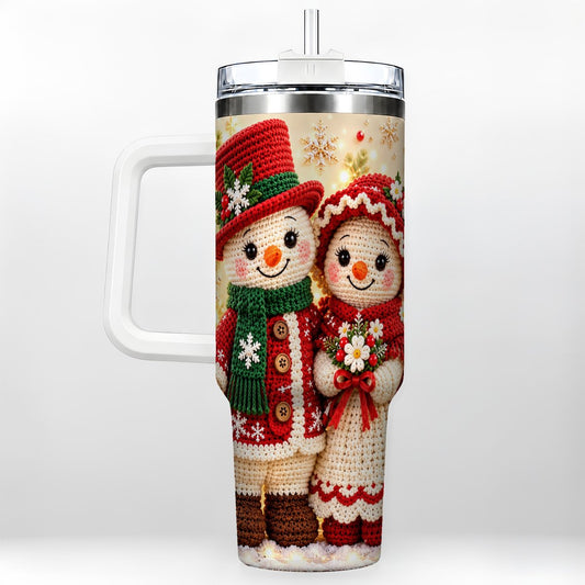 Crochet Snowman 40oz Tumbler with Handle, Festive Winter Scene