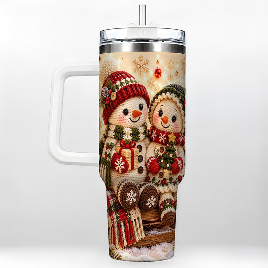Crochet Snowman 40oz Tumbler with Handle, Christmas Sleigh Scene