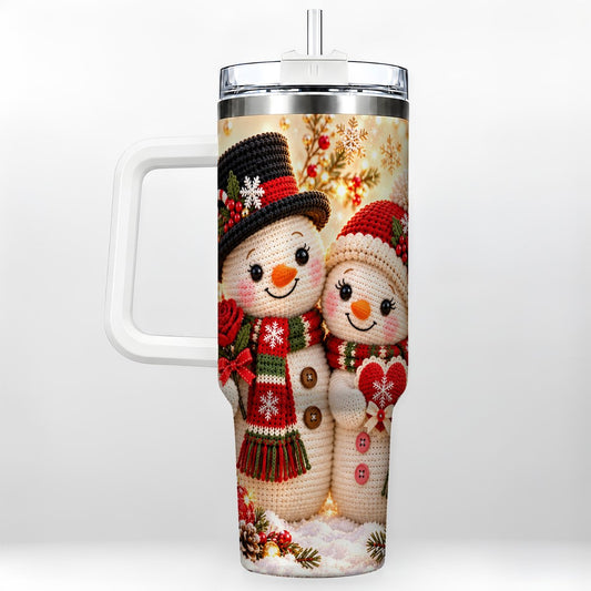 Crochet Snowman 40oz Tumbler with Handle, Heart and Rose Artwork