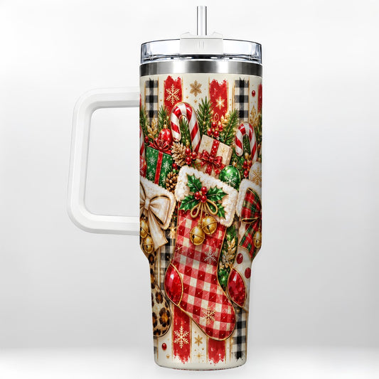 Christmas Stockings 40oz Tumbler with Handle, Holiday Plaid Design