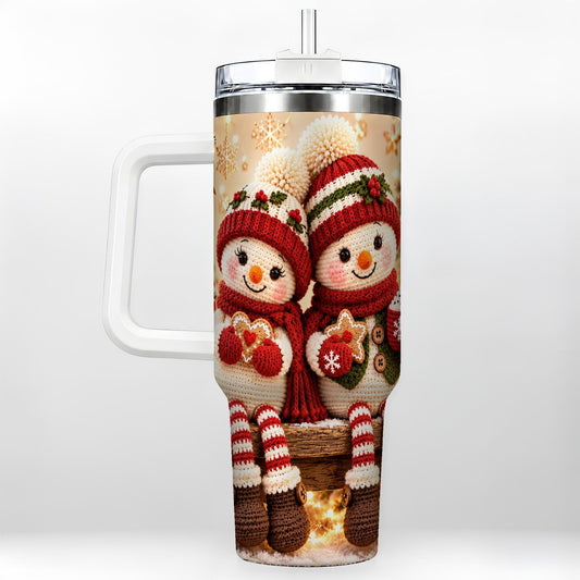 Crochet Snowman Couple 40oz Tumbler with Handle, Winter Scene