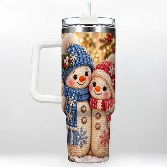 Snowman Couple 40oz Tumbler with Handle, Blue Red Winter Art