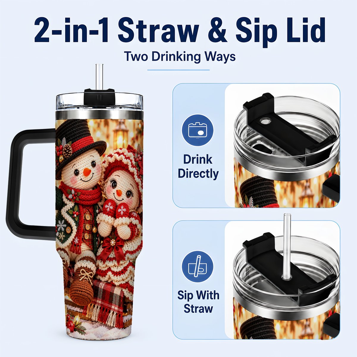 #pl[Black] Snowman Sleigh 40oz Tumbler with Handle, Christmas Couple Art