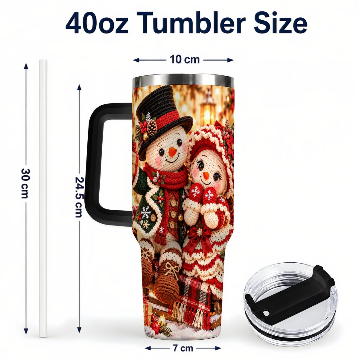 #pl[Black] Snowman Sleigh 40oz Tumbler with Handle, Christmas Couple Art
