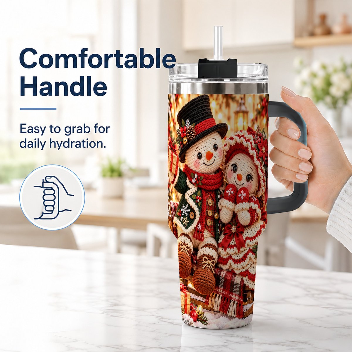 #pl[Black] Snowman Sleigh 40oz Tumbler with Handle, Christmas Couple Art