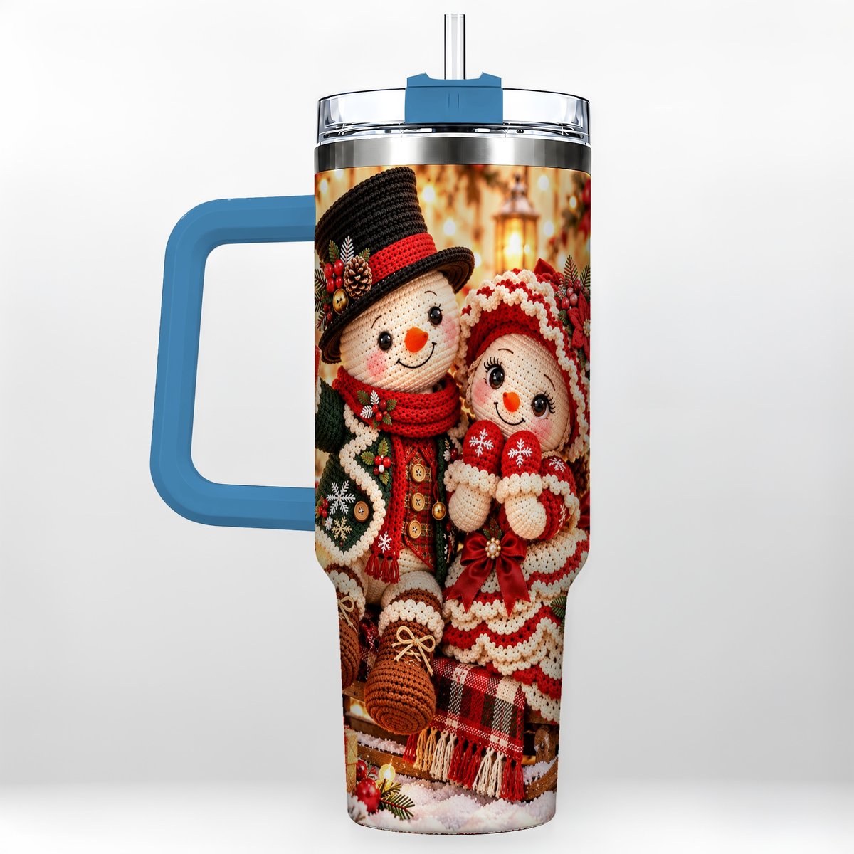 #pl[Blue] Snowman Sleigh 40oz Tumbler with Handle, Christmas Couple Art