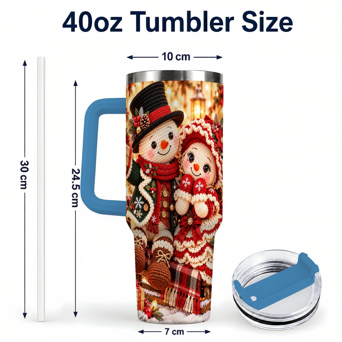 #pl[Blue] Snowman Sleigh 40oz Tumbler with Handle, Christmas Couple Art