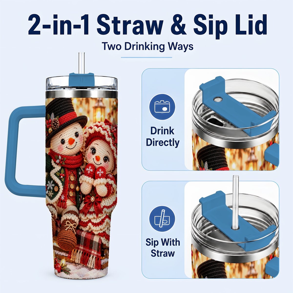 #pl[Blue] Snowman Sleigh 40oz Tumbler with Handle, Christmas Couple Art