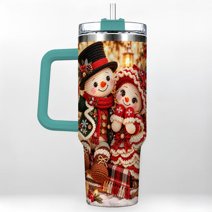 #pl[Green] Snowman Sleigh 40oz Tumbler with Handle, Christmas Couple Art
