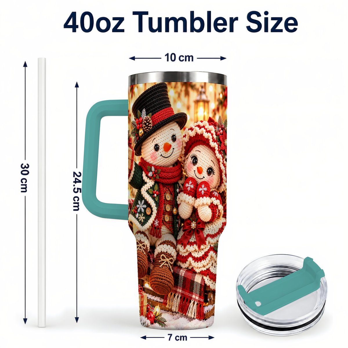 #pl[Green] Snowman Sleigh 40oz Tumbler with Handle, Christmas Couple Art
