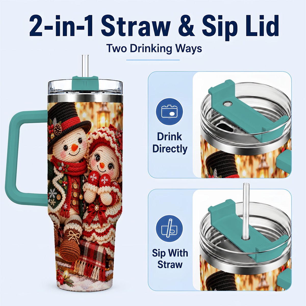 #pl[Green] Snowman Sleigh 40oz Tumbler with Handle, Christmas Couple Art