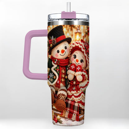#pl[Pink] Snowman Sleigh 40oz Tumbler with Handle, Christmas Couple Art