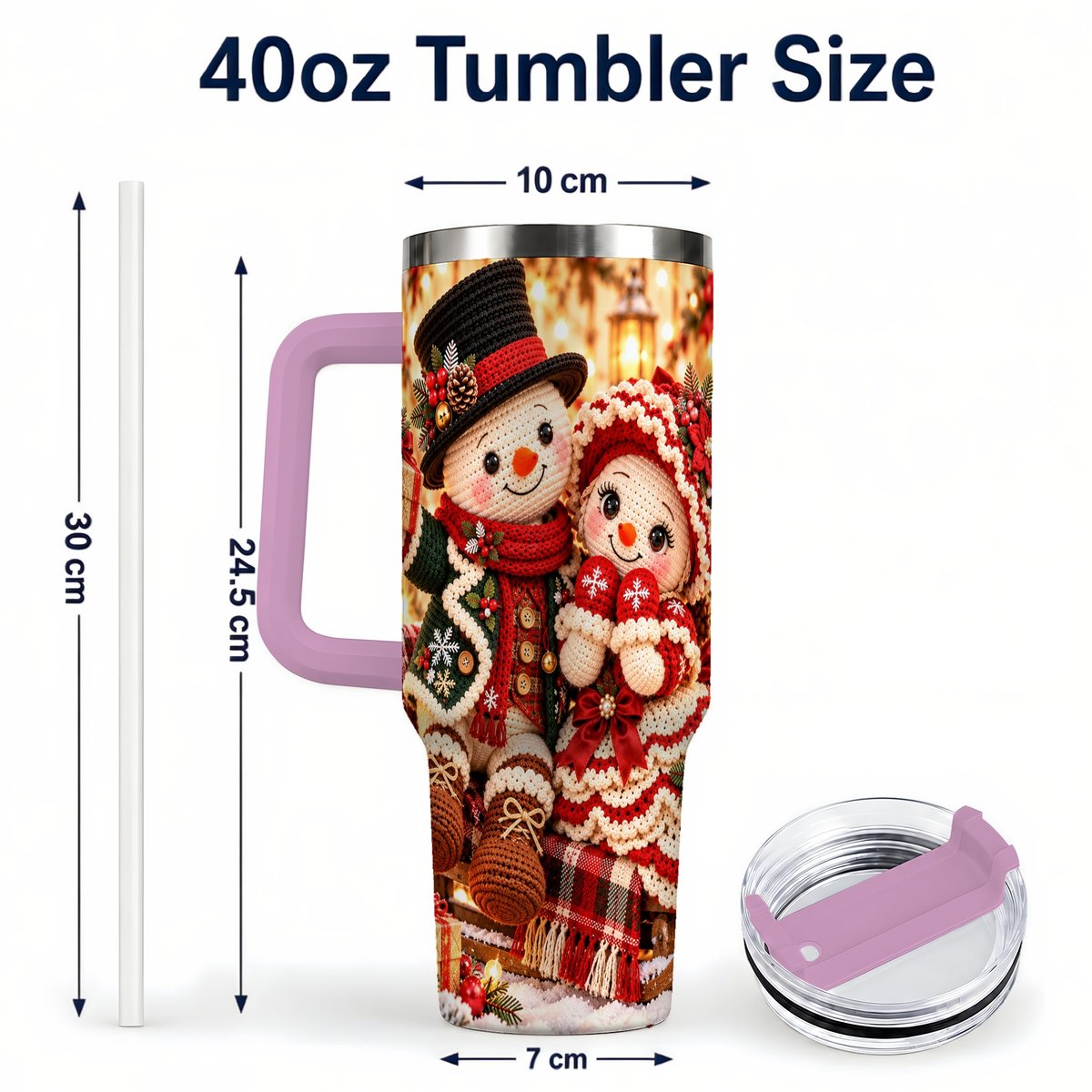 #pl[Pink] Snowman Sleigh 40oz Tumbler with Handle, Christmas Couple Art
