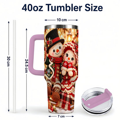 #pl[Pink] Snowman Sleigh 40oz Tumbler with Handle, Christmas Couple Art