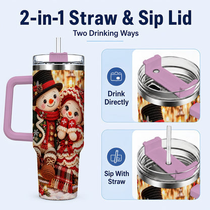 #pl[Pink] Snowman Sleigh 40oz Tumbler with Handle, Christmas Couple Art