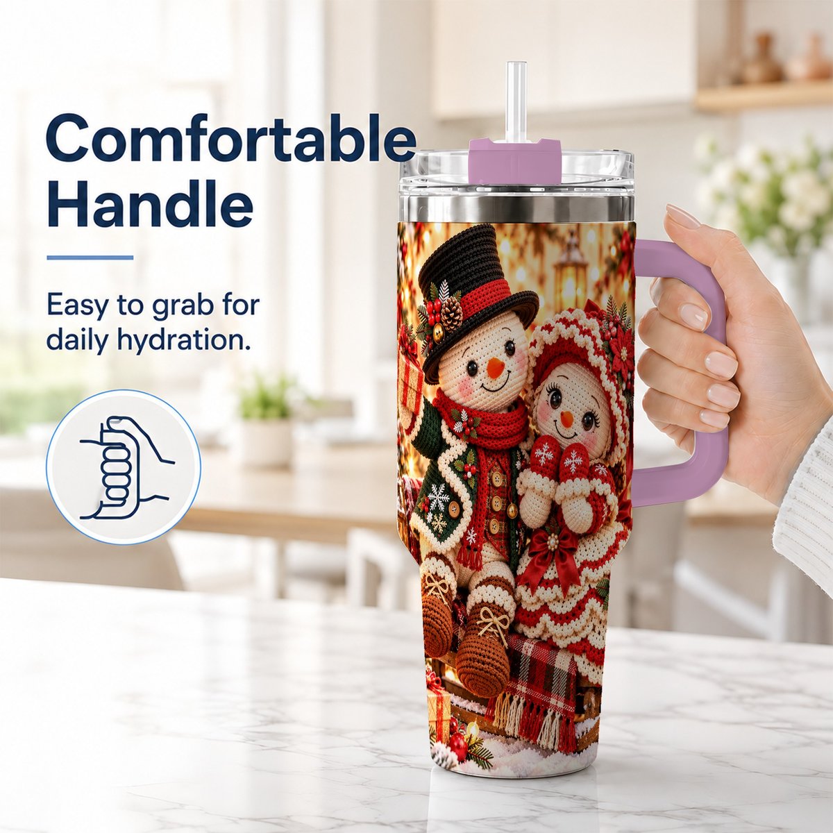 #pl[Pink] Snowman Sleigh 40oz Tumbler with Handle, Christmas Couple Art