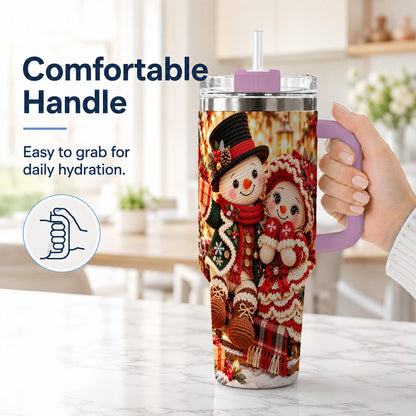 #pl[Pink] Snowman Sleigh 40oz Tumbler with Handle, Christmas Couple Art