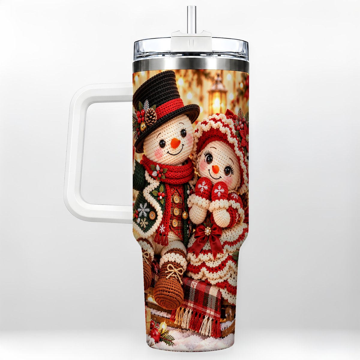 Snowman Sleigh 40oz Tumbler with Handle, Christmas Couple Art