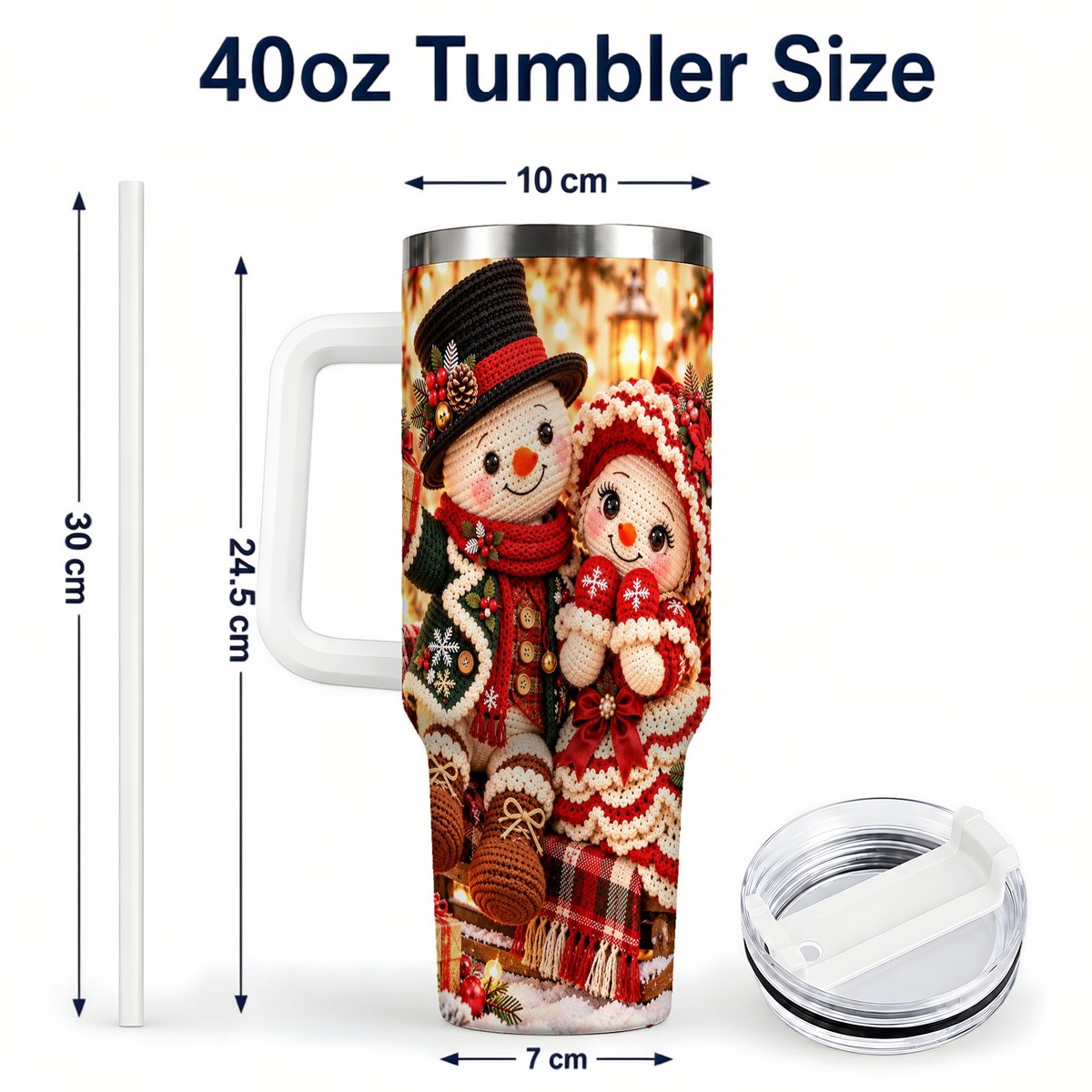#pl[White] Snowman Sleigh 40oz Tumbler with Handle, Christmas Couple Art