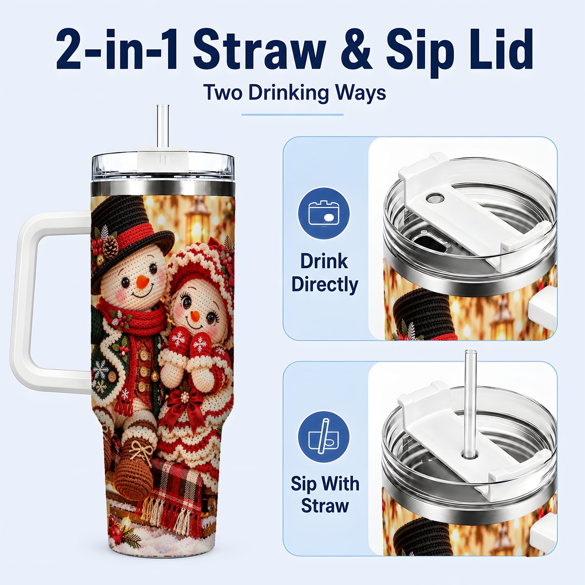 #pl[White] Snowman Sleigh 40oz Tumbler with Handle, Christmas Couple Art