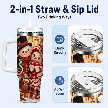 #pl[White] Snowman Sleigh 40oz Tumbler with Handle, Christmas Couple Art