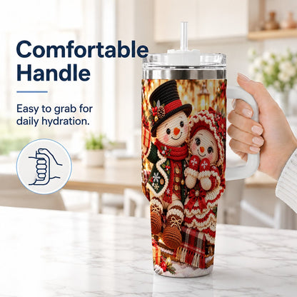 #pl[White] Snowman Sleigh 40oz Tumbler with Handle, Christmas Couple Art