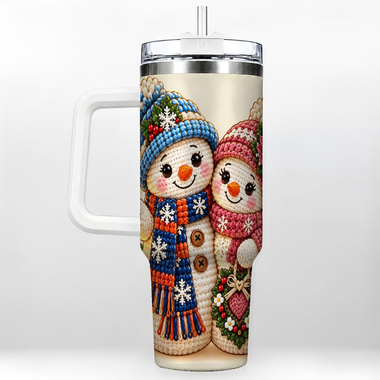 Snowman Couple 40oz Tumbler with Handle, Knitted Winter Art
