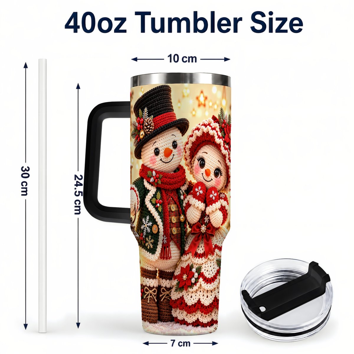 #pl[Black] Crochet Snowman Couple 40oz Tumbler with Handle, Christmas Knit Art