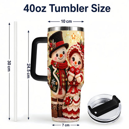 #pl[Black] Crochet Snowman Couple 40oz Tumbler with Handle, Christmas Knit Art