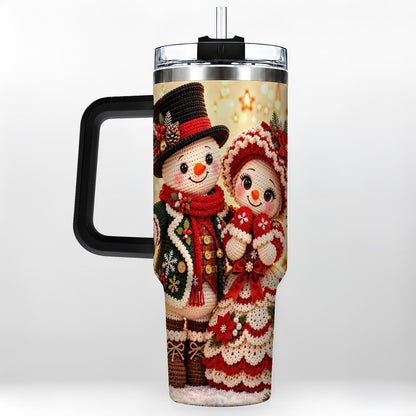 #pl[Black] Crochet Snowman Couple 40oz Tumbler with Handle, Christmas Knit Art