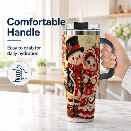 #pl[Black] Crochet Snowman Couple 40oz Tumbler with Handle, Christmas Knit Art