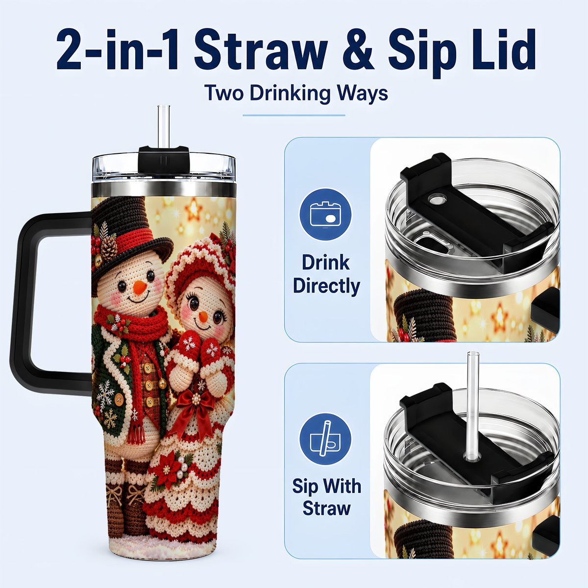 #pl[Black] Crochet Snowman Couple 40oz Tumbler with Handle, Christmas Knit Art